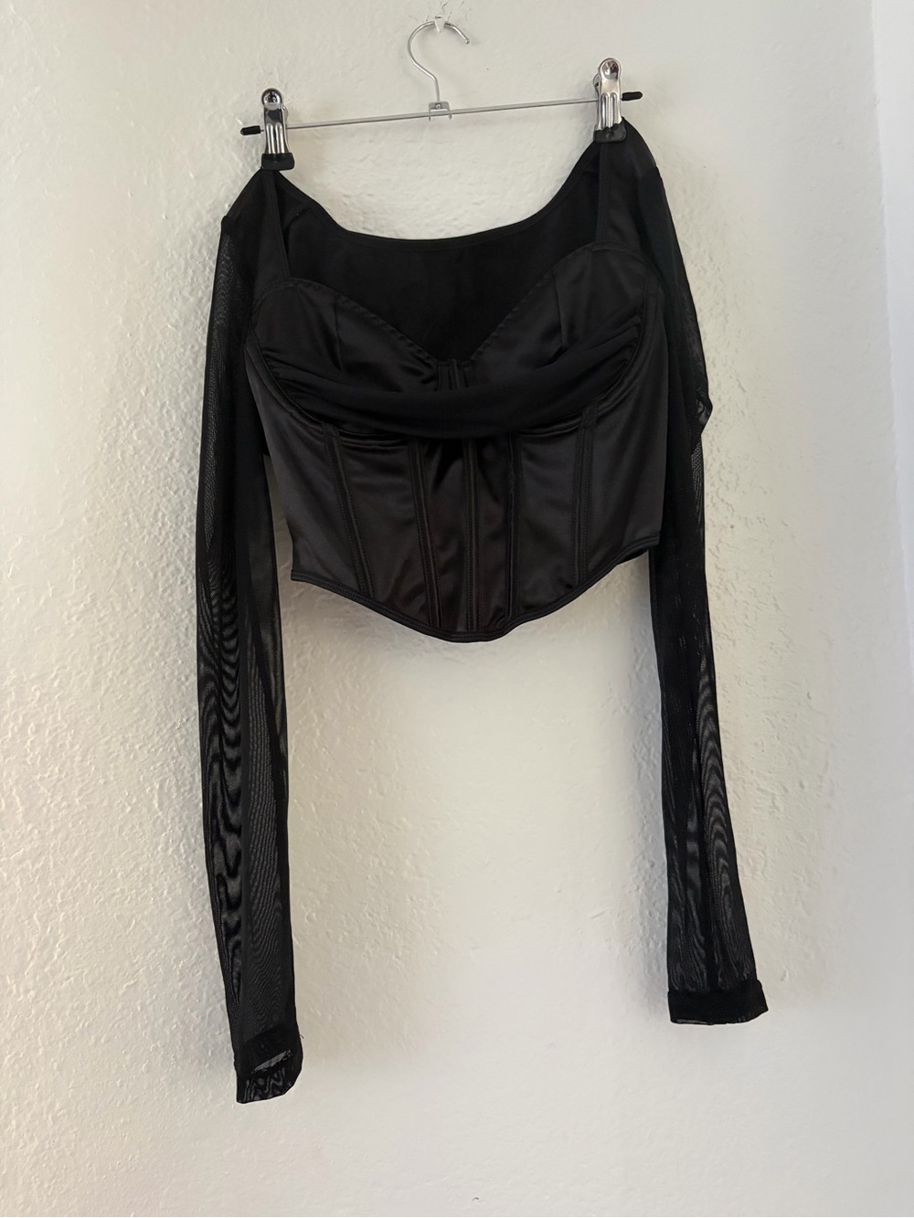 Black Long-Sleeve Mesh Corset Top - Women's